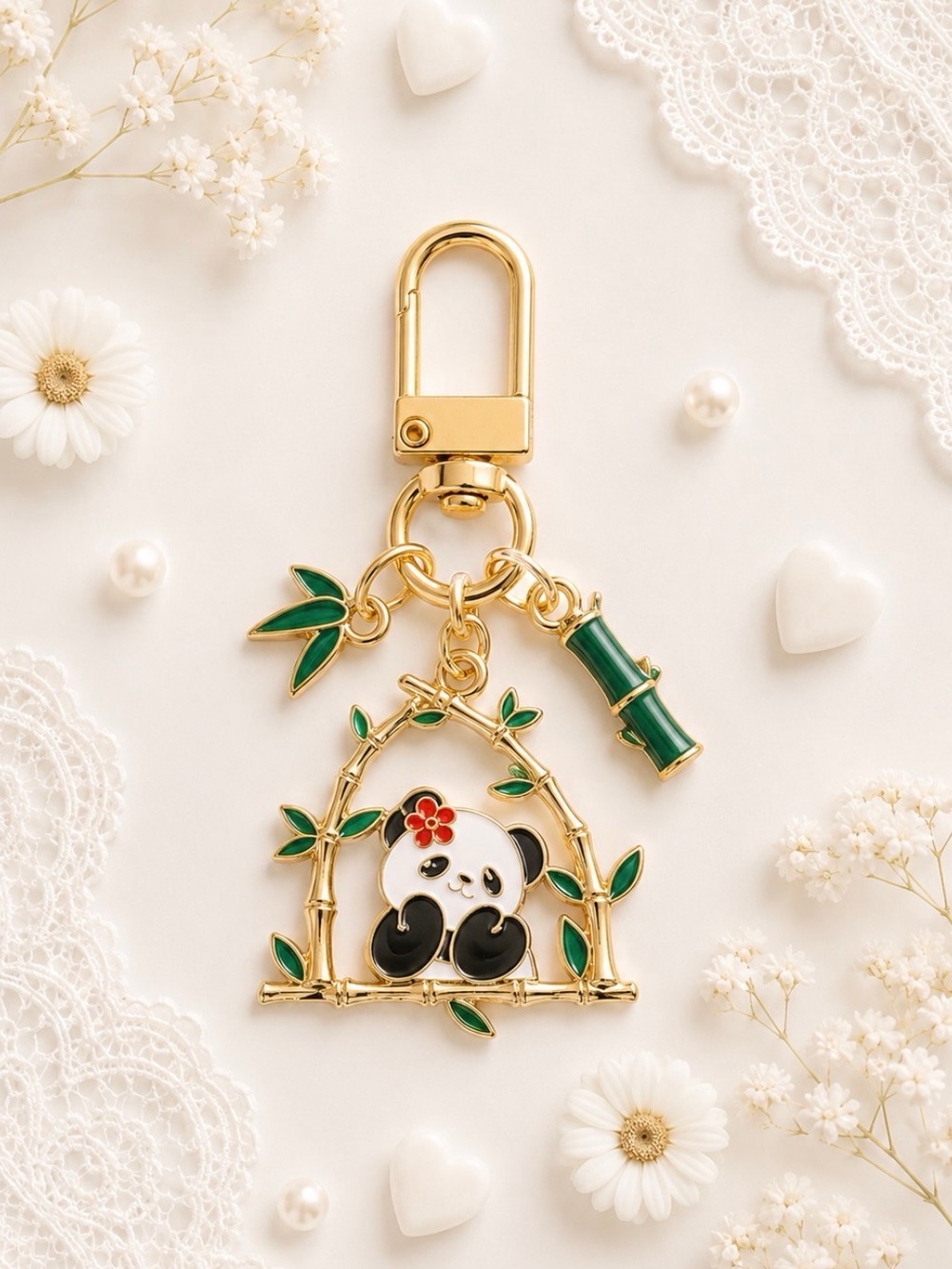 Bag Charm-Panda Charm with enamel Bamboo Accents-Gold Hardware-NWOT